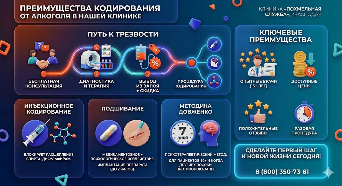 Инфографика о методах кодирования от алкоголя в Гаджиево: инъекции, подшивание, метод Довженко. Преимущества клиники и этапы лечения.
