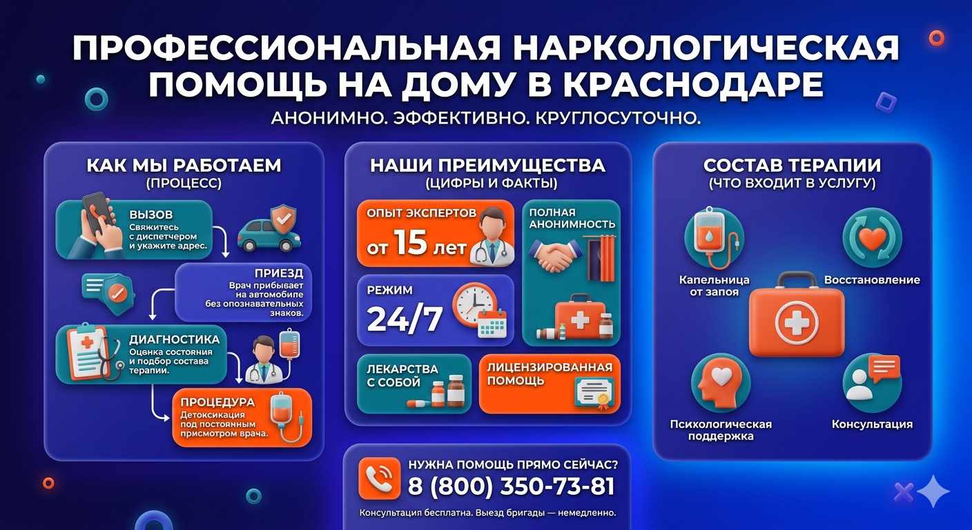 Инфографика о принципах лечения алкоголизма на дому в Гаджиево: этапы вызова нарколога, преимущества анонимной детоксикации и состав медицинской помощи.